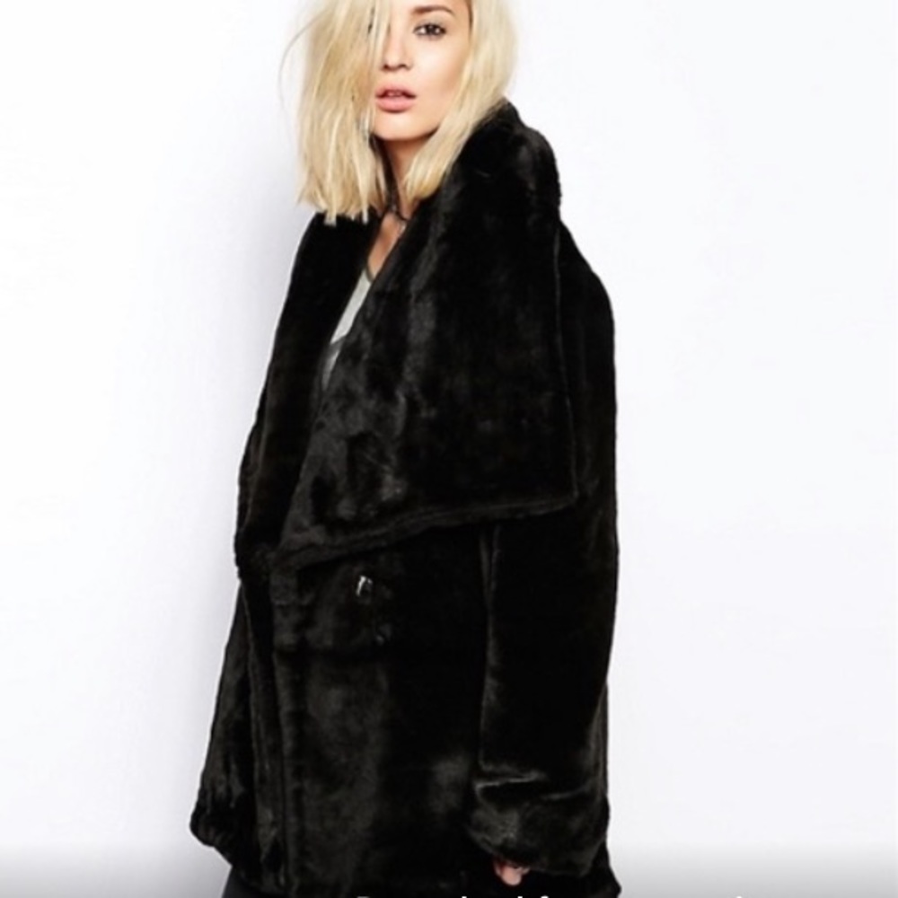 RELIGION BLACK FAUX FUR COAT